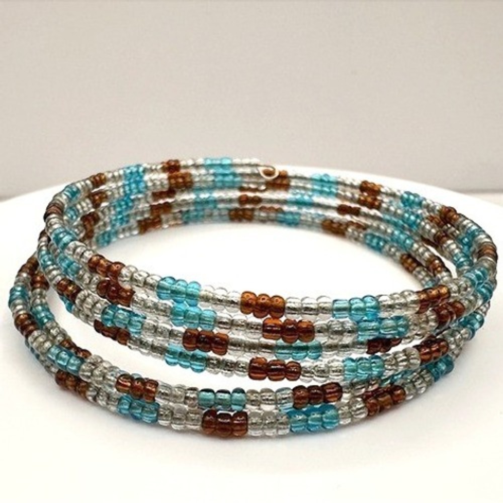 Vintage 90s Multi Strand Glass Bead Bracelet Blue Brown Clear Boho Jewelry Y2K